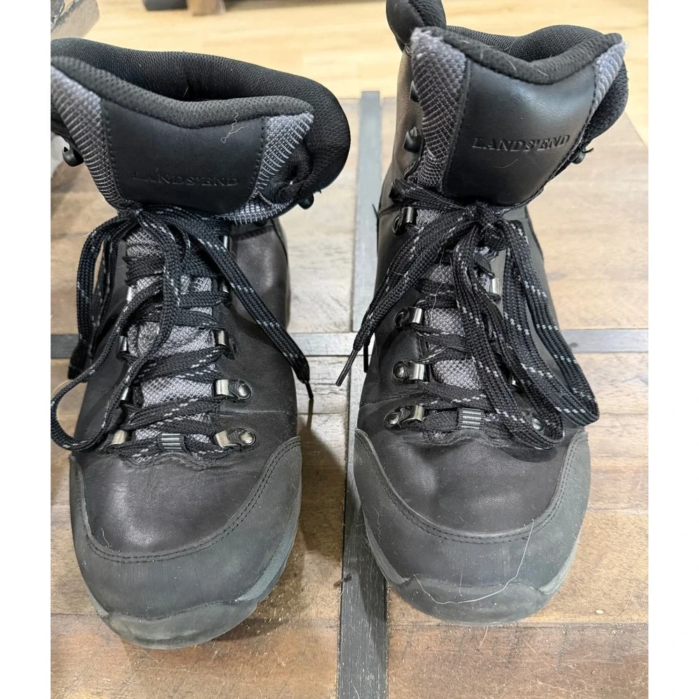 Lands End Mens Black Leather Hiking Boots 421038 Size 11D Lace Up Trekking Shoes